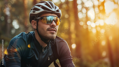 Sun Protection for Athletes: A cyclist wearing UV-protective clothing and sunglasses while riding outdoors, prioritizing sun protection during outdoor sports and activities photo