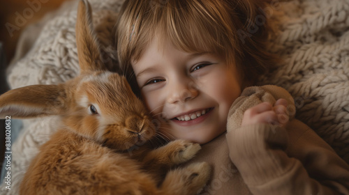 Emotional Support Animals: A child smiling as they cuddle a fluffy bunny, emphasizing the emotional benefits of having a gentle and loving pet