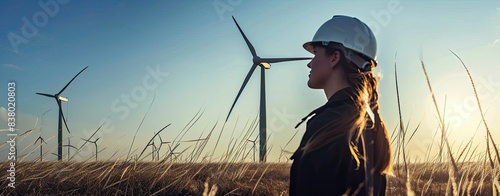 Woman with wind turbines renewable technology wind farm electricity worker people turbine engineer energy. photo