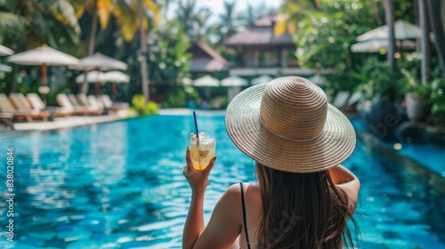 woman with a hat holding a mojito in a swimming pool in summer © urdialex