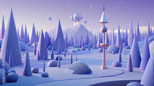 Surreal Winter Landscape with Fantasy Architecture and Purple Hues