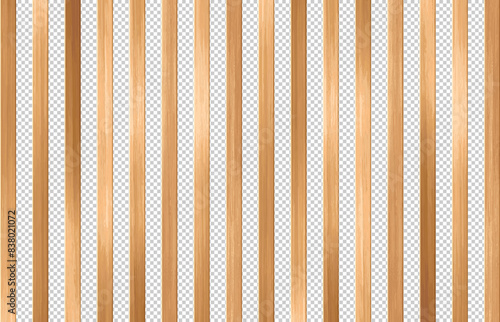 Vector wood panel wall. Realistic wooden light brown vertical planks on transparent background. Natural wood planks wall. Trendy interior striped wooden elements.
