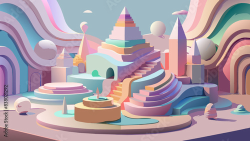 Surreal Pastel Landscape with Abstract Shapes and Dreamy Ambiance