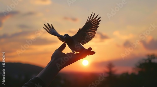 Pigeon's Graceful Landing in human hand at Sunset © Boraryn