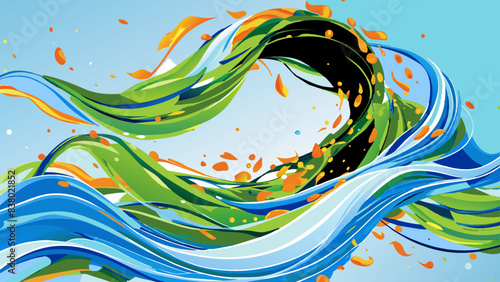 Abstract Colorful Swirls and Waves Design on Blue Background