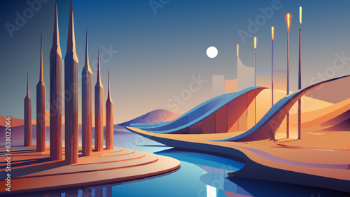 Futuristic Cityscape with Modern Towers and Waterways at Sunset