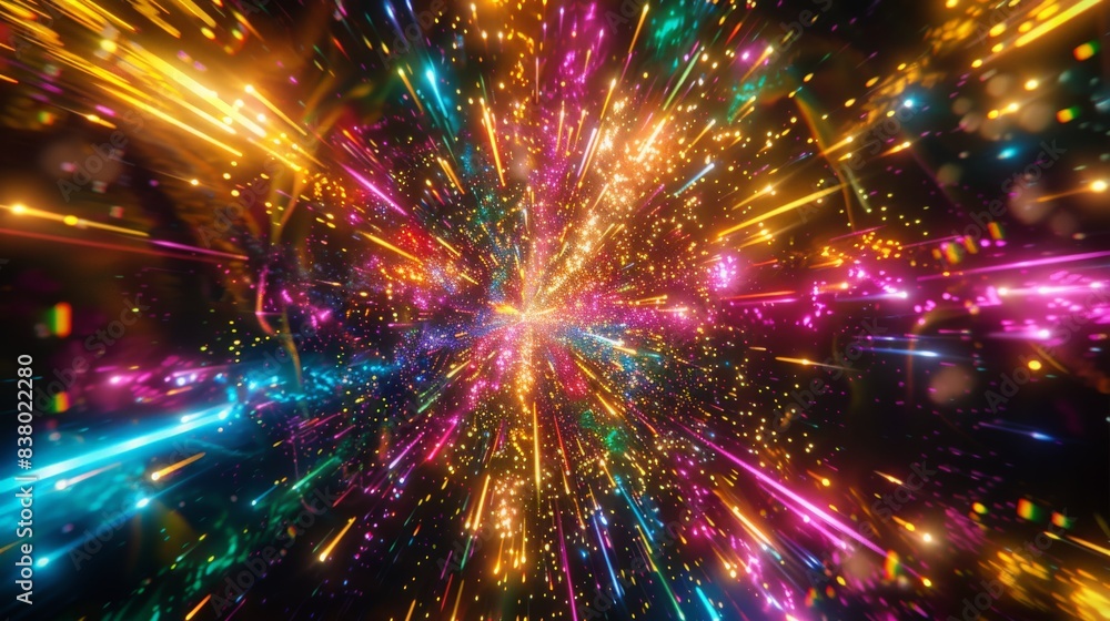 Obraz premium Burst of neon lights exploding outward like fireworks, with vibrant colors and dynamic motion, creating a celebratory and energetic scene 