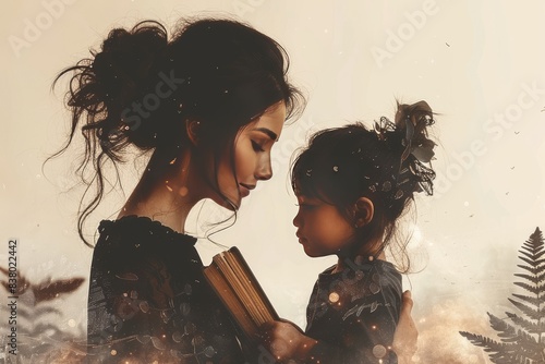 Mother and child sharing a moment in a flower garden, illustrating the nurturing bond and the beauty of nature