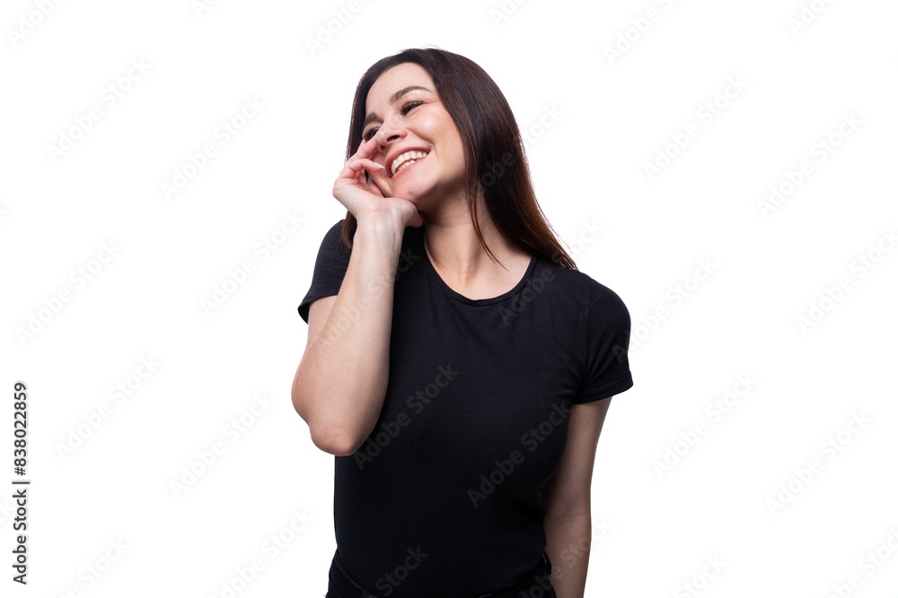 Young charming caucasian woman with brown eyes isolated on white background with copy space Young charming caucasian woman with brown eyes isolated on white background with copy space