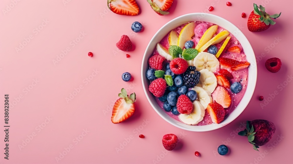 Acai bowl, chia food with fruit, healthy organic food, on a blank pink background Acai bowl, chia food with fruit, healthy organic food, on a blank pink background
