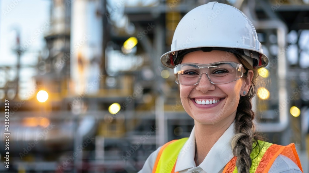 Portrait of a smiling white female engineer at an oil refinery, confidently overseeing operations, maintaining safety standards Portrait of a smiling white female engineer at an oil refinery, confidently overseeing operations, maintaining safety standards