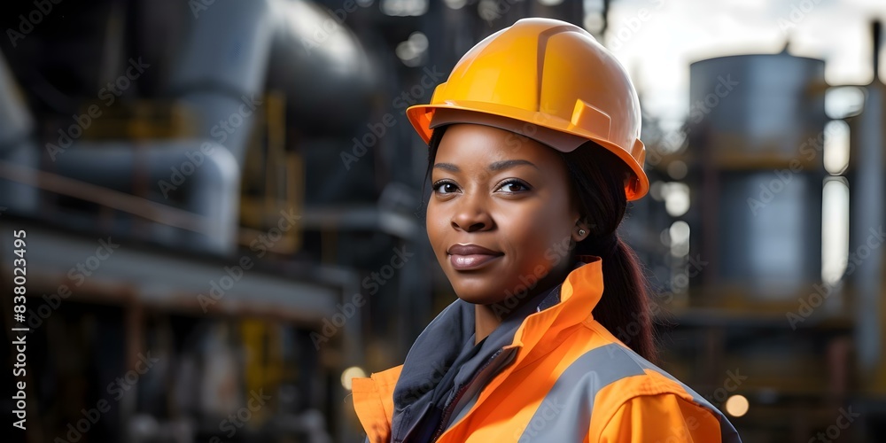 A young black woman wearing protective gear at an industrial plant. Concept Industrial photography, Safety equipment, Young black woman, Work environment, Diversity and inclusion