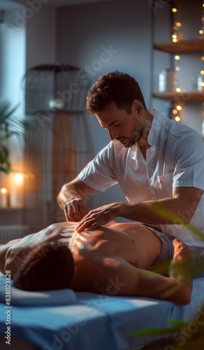Man  physiotherapist doing body  chest massage on patient lying on massage table. Focused Manual Therapy.