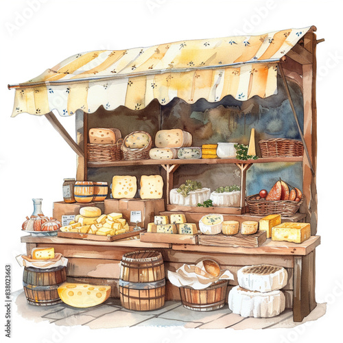 Farmer local cheese shop. Watercolor illustration.
