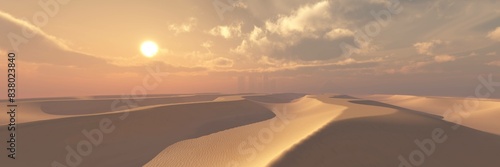 Panorama of dunes in a sandy desert, sand dunes under a blue sky, 3D rendering