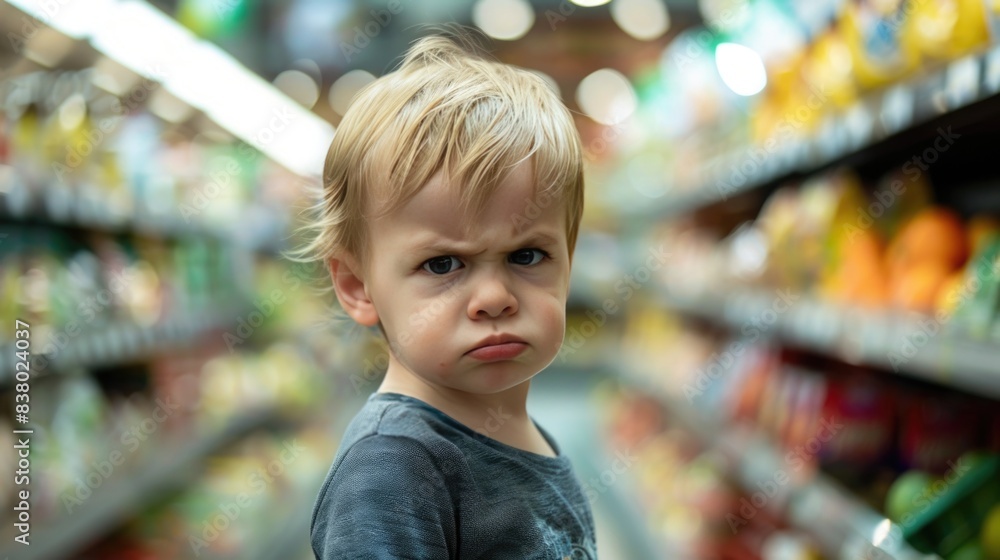 Portrait of angry toddler in a supermarket.
