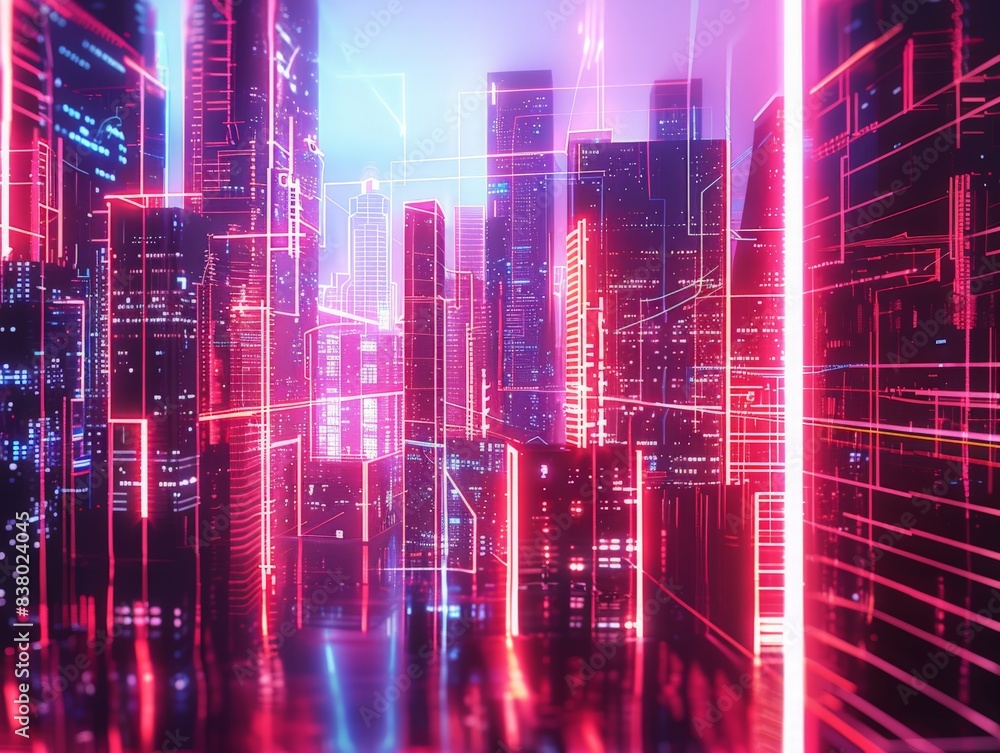 Neon light abstract with a futuristic cityscape, featuring skyscrapers and structures outlined in glowing lines, creating a cyberpunk-inspired scene Neon light abstract with a futuristic cityscape, featuring skyscrapers and structures outlined in glowing lines, creating a cyberpunk-inspired scene