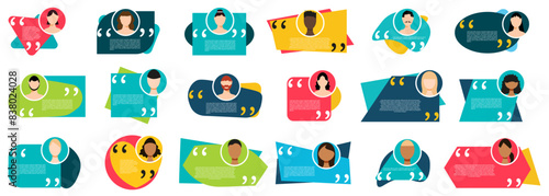 Testimonial speech bubble with people avatar in a flat design. Quote speech bubble boxes with user icons