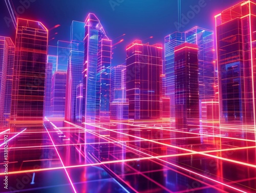 Neon light abstract with a futuristic cityscape, featuring skyscrapers and structures outlined in glowing lines, creating a cyberpunk-inspired scene  © authapol