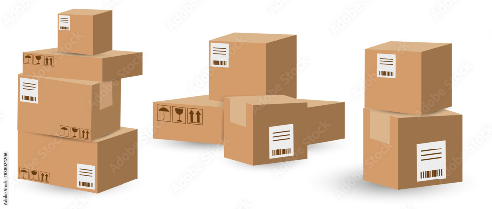 Different paper boxes collection for shipping, delivery. Carton delivery packaging open and closed box. Cardboard box set Different paper boxes collection for shipping, delivery. Carton delivery packaging open and closed box. Cardboard box set
