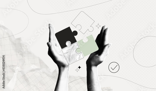 Trendy Halftone Collage Two Hands holding puzzles pieces together. Teamwork concept. Business idea and solution. Partnership relationship. New startup. Career development. Vector contemporary art