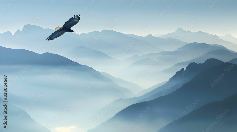 an eagle soaring over a serene, layered mountain landscape with blue hues and a tranquil atmosphere. an eagle soaring over a serene, layered mountain landscape with blue hues and a tranquil atmosphere.