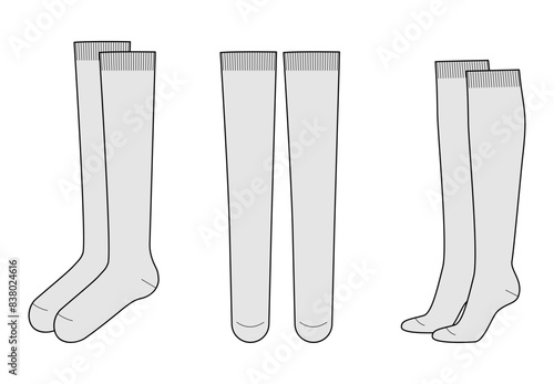 Knee-high Socks set. Fashion hosiery accessory clothing technical illustration stocking. Vector front, side view for Men, women, flat template CAD mockup sketch outline isolated on white background 
