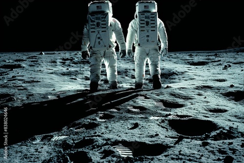 Two Astronauts Walking on the Moons Surface at Night
