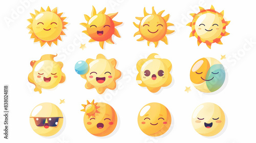 Set of cartoon sun icons. Yellow brightness symbol, sun with different emotions. Generative AI