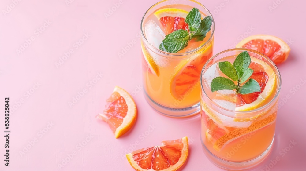A summer cocktail on a blank pink background with tropical leaves A summer cocktail on a blank pink background with tropical leaves