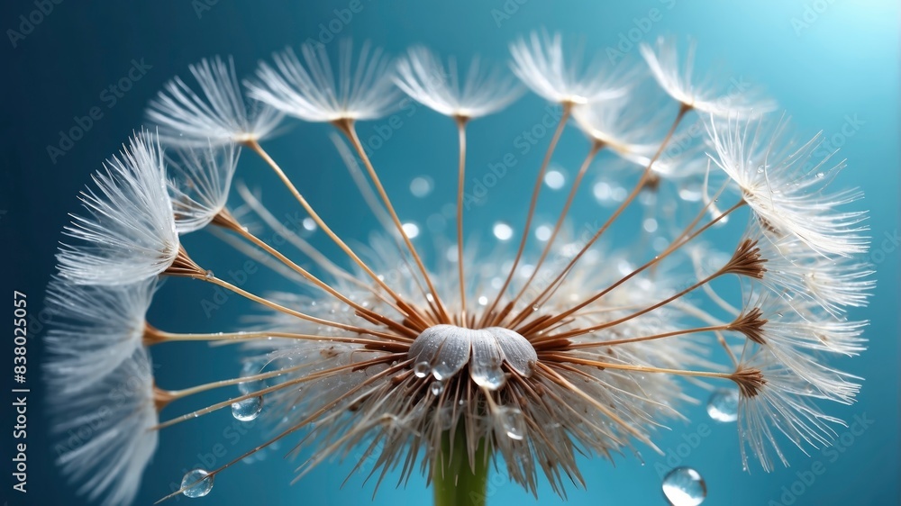 Fototapeta premium Close-up macro of dandelion seeds with water droplets, against a softly focused blue and turquoise background, sparkling in the light