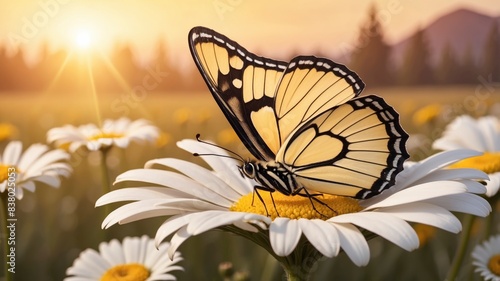 Close-up macro of a beautiful butterfly on a daisy flower in nature, outdoors in warm yellow tones, with a sunset backdrop. Panoramic nature banner