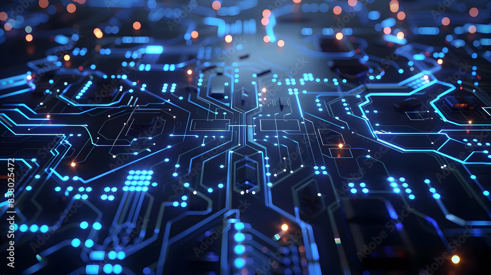 Close-up of a futuristic circuit board with glowing blue lights, representing advanced technology, innovation, and digital processing.