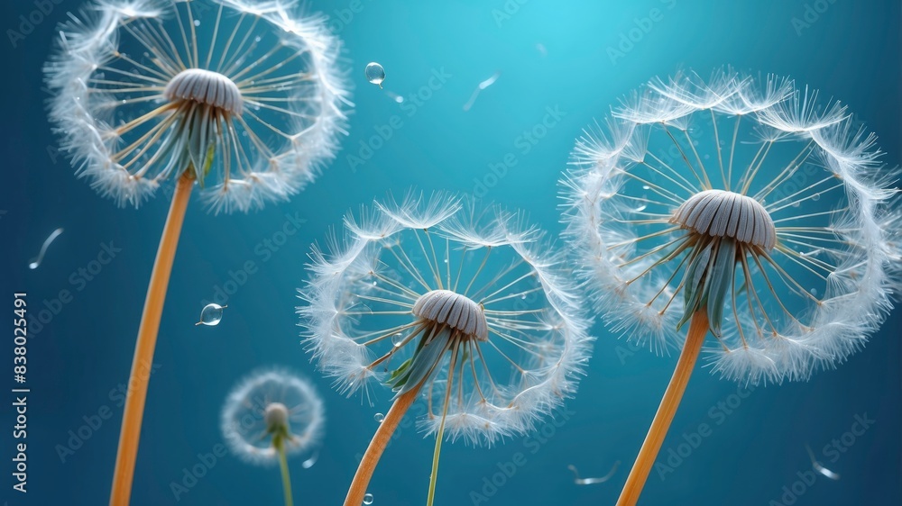 Obraz premium Dandelion seeds adorned with dew, shining in the light against a stunning blue and turquoise background, captured in macro