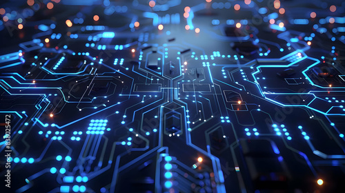 Close-up of a futuristic circuit board with glowing blue lights, representing advanced technology, innovation, and digital processing.