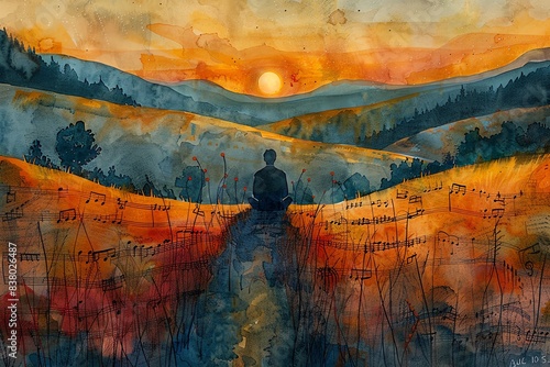 Silhouette of a person meditating in a field of music notes at sunset.