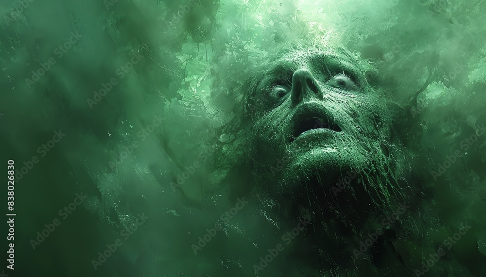 A ghostly face emerges from a murky green liquid, eyes wide with fear. A ghostly face emerges from a murky green liquid, eyes wide with fear.