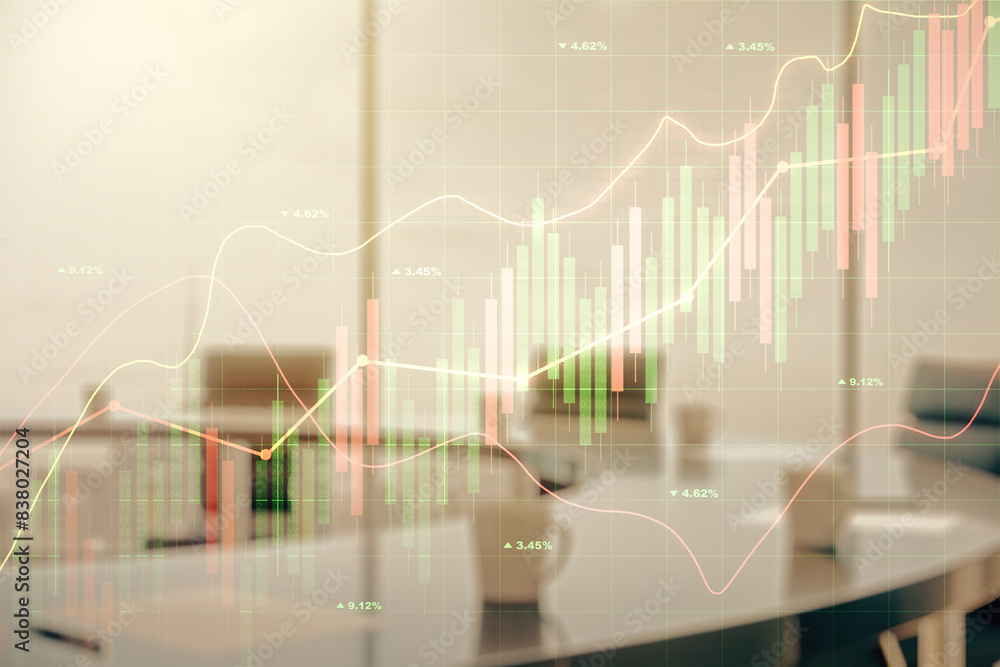 Multi exposure of virtual creative financial chart hologram on a modern meeting room background, research and analytics concept Multi exposure of virtual creative financial chart hologram on a modern meeting room background, research and analytics concept