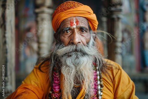 Portrait of a bearded Indian old man in traditional clothes