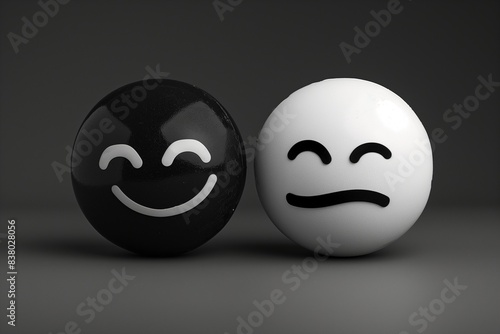 Two emoticons depicted in black and white, one smiling brightly, the other wearing a frown, representing the contrasting feelings of happiness and sadness. 