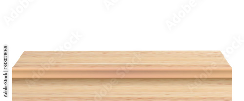 Wood table perspective view, kitchen top made of brown timber, wooden surface of desk on transparent background. Tabletop interior . Vector