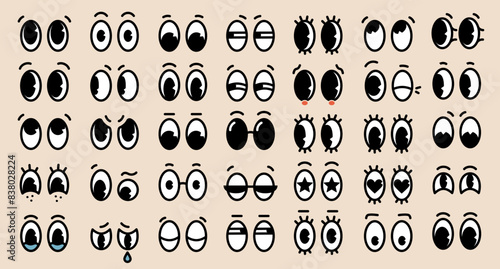 Set of 70s groovy comic eyes. Collection of retro cartoon character faces. Eyes in different emotions happy, angry, sad, cheerful. Vector illustration