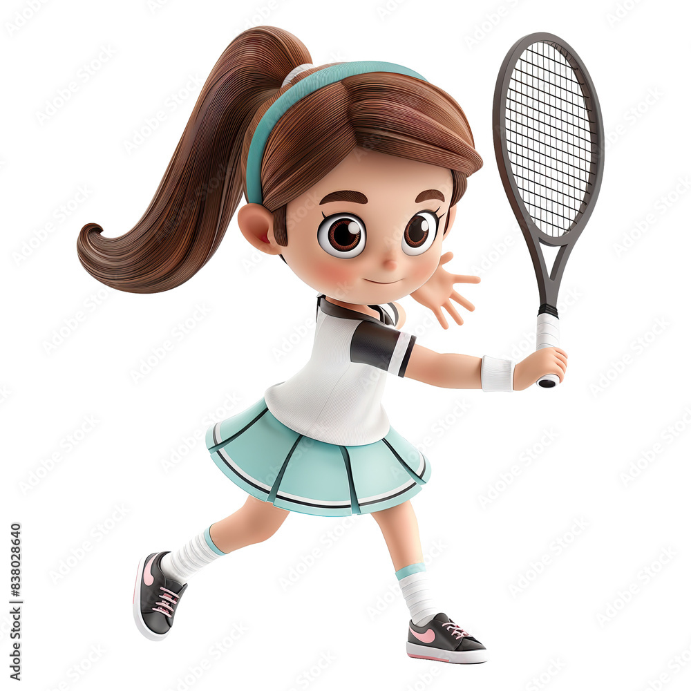 Generative AI of 3D Cartoon of young girl in a dynamic pose, holding a tennis racket, clip art isolated on transparent background and clipping path cut out, concept for youthful energy and athleticism