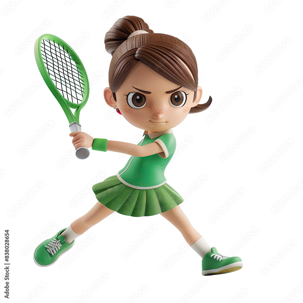 Generative AI of 3D Cartoon of young girl in a dynamic pose, holding a tennis racket, clip art isolated on transparent background and clipping path cut out, concept for youthful energy and athleticism
