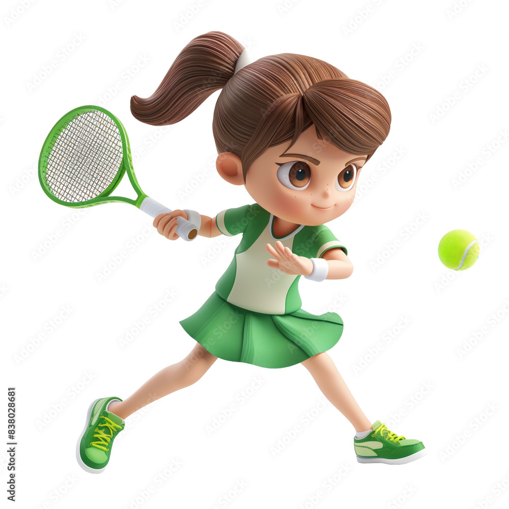 Generative AI of 3D clipart illustration of a young girl hitting a ball with a tennis racket, isolated on transparent background with clipping path cutout concept for cute cartoon character