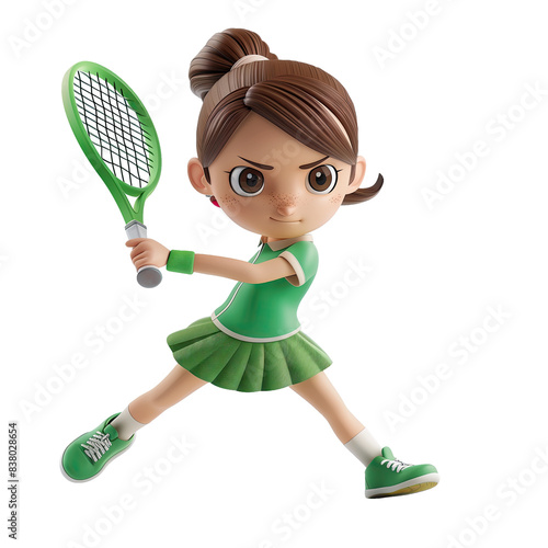 Obraz na płótnie Generative AI of 3D Cartoon of young girl in a dynamic pose, holding a tennis racket, clip art isolated on transparent background and clipping path cut out, concept for youthful energy and athleticism w salonie