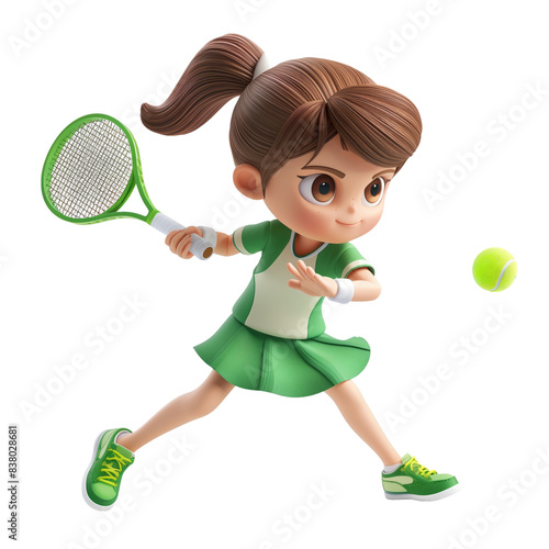 Obraz na płótnie Generative AI of 3D clipart illustration of a young girl hitting a ball with a tennis racket, isolated on transparent background with clipping path cutout concept for cute cartoon character w salonie