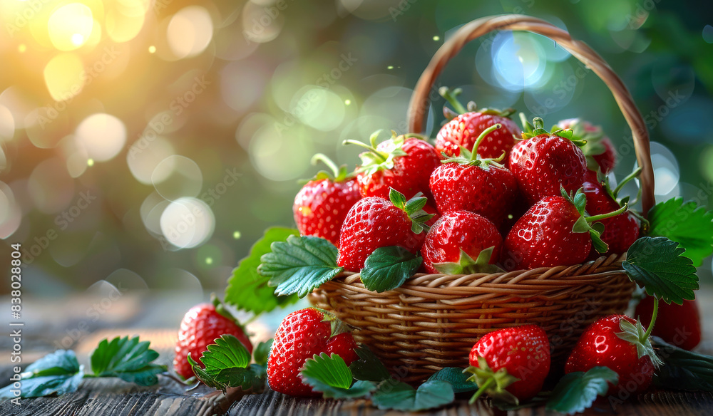 Fresh strawberries in basket on wooden table Fresh strawberries in basket on wooden table