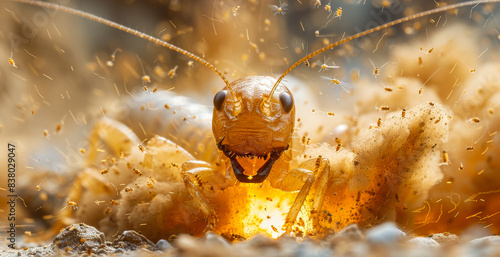 Fire ant is covered in dust. A termite attack photo