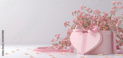 Elegant gift box in heart shape with flowers for Valentine s  Christmas  birthdays  Mother s Day  and more. Includes space for text. Minimalist style.